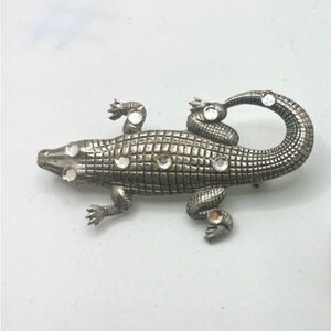Vintage Alligator Crocodile Brooch Silver Tone Rhinestones